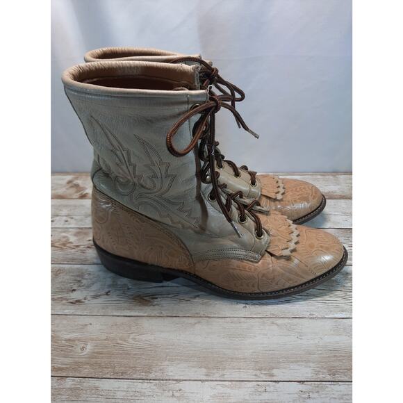 VTG Larry Mahan Tan Tooled Leather Lace Up Western Boots 9 M Kiltie Boots - Picture 4 of 9